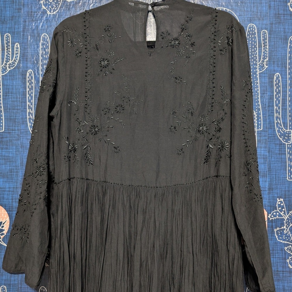 Zara Cotton Blend Embroidered Beaded Long Sleeve Maxi Dress Black Medium - Picture 7 of 12